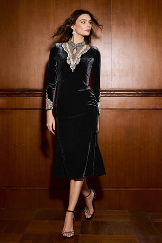 Fagaro Uzun Kollu Dantel Kadife Midi Elbise