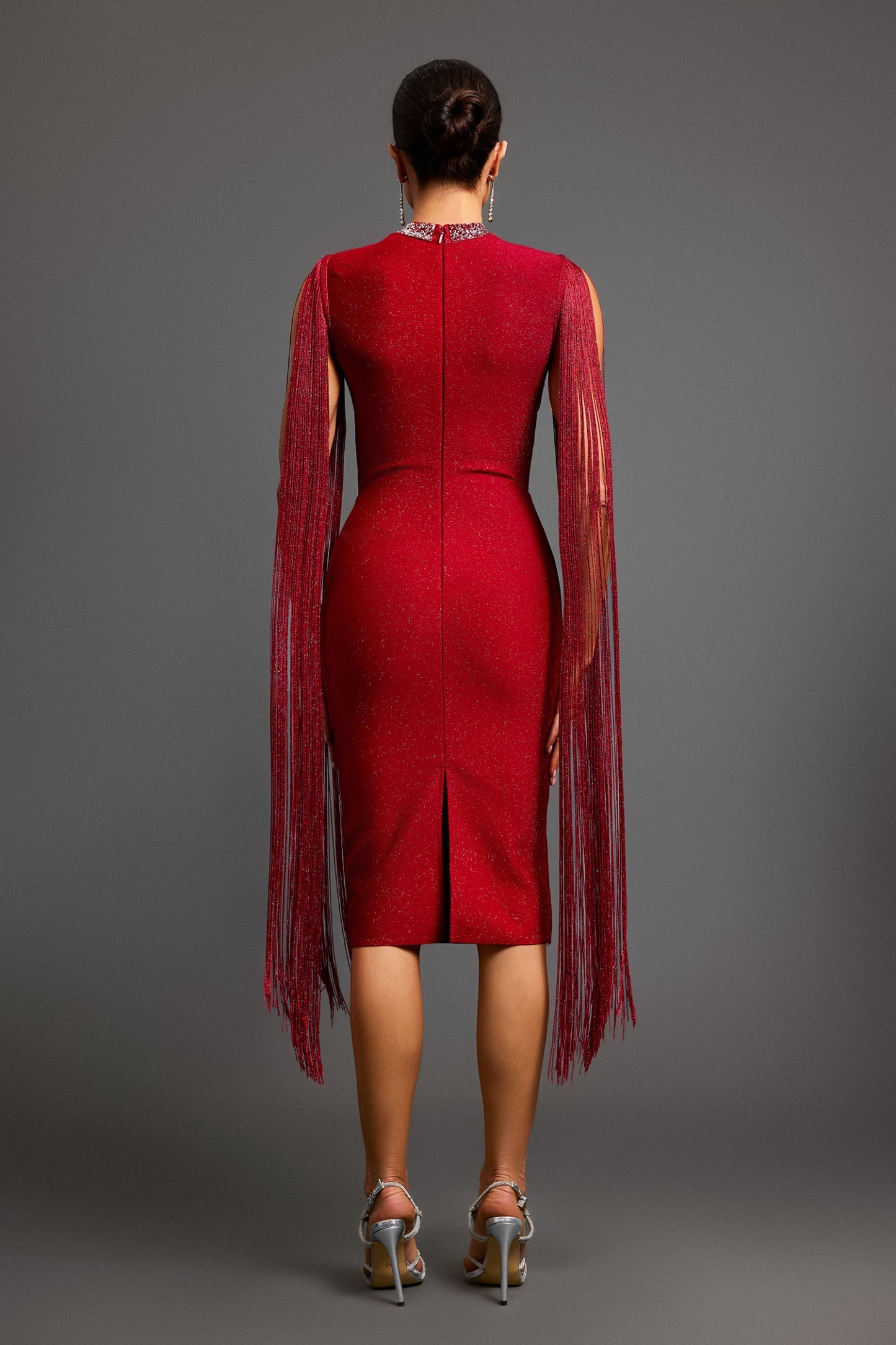 Yuvarlak Yaka Taş Detaylı Bandaj Midi Elbise