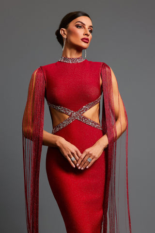 Yuvarlak Yaka Taş Detaylı Bandaj Midi Elbise