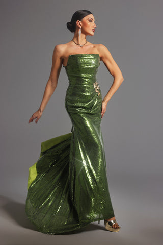 Verney Pencere Detaylı Pullu Uzun Elbise