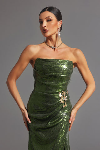 Verney Pencere Detaylı Pullu Uzun Elbise