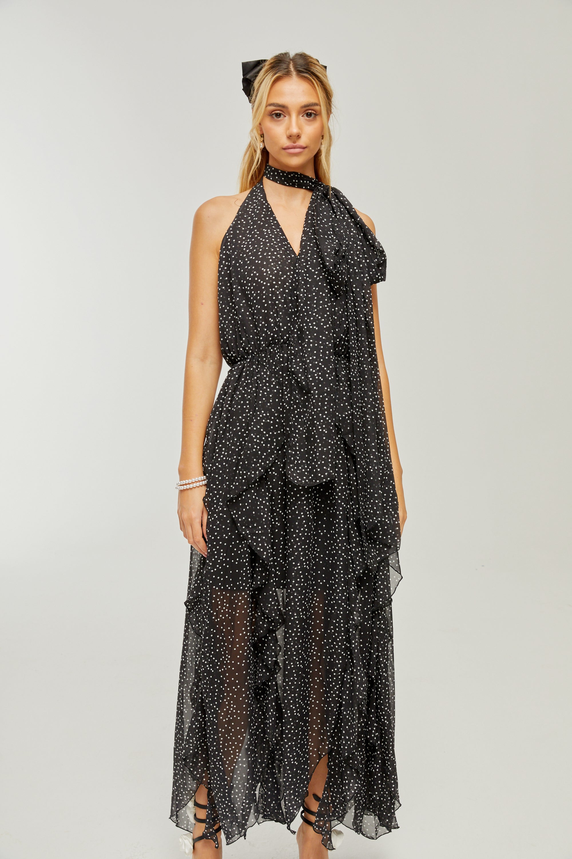 Yvette puantiye maksi elbise