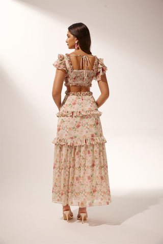 Agatha Baskılı Fırfırlı Cut-Out Midi Elbise