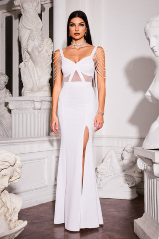 Taş Detaylı Cut-Out Beyaz Maxi Elbise