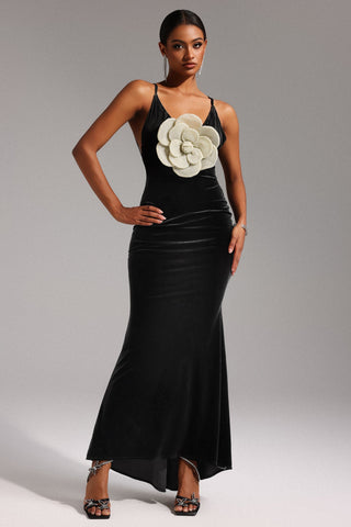 Taliyah Kadife V Yaka Çiçekli Sırt Dekolteli Maxi Elbise