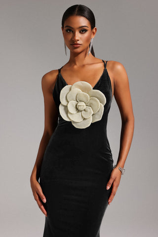 Taliyah Kadife V Yaka Çiçekli Sırt Dekolteli Maxi Elbise