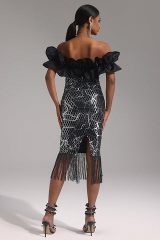 Pippa Omuz Açık Payetli Volanlı Midi Elbise