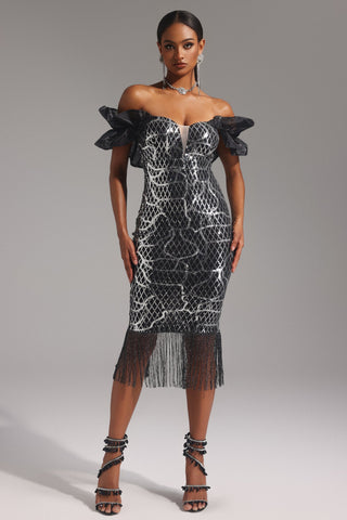 Pippa Omuz Açık Payetli Volanlı Midi Elbise