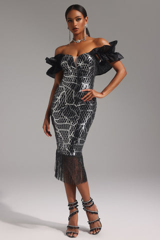 Pippa Omuz Açık Payetli Volanlı Midi Elbise