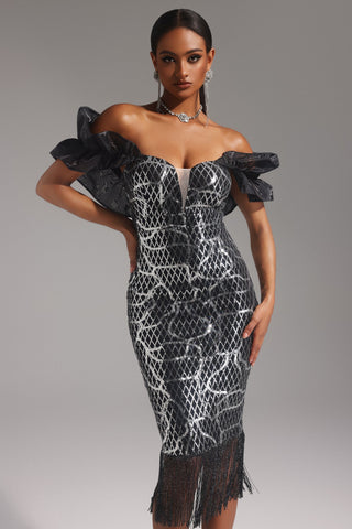 Pippa Omuz Açık Payetli Volanlı Midi Elbise