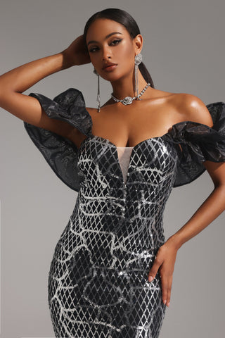 Pippa Omuz Açık Payetli Volanlı Midi Elbise