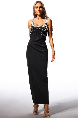 Paşa Kesim Taş İşlemeli Yırtmaçlı Maksi Elbise