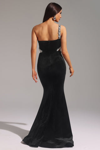 Yedda Tek Omuz Elmas İşlemeli Uzun Elbise