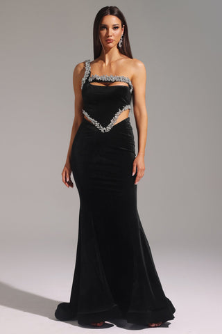 Yedda Tek Omuz Elmas İşlemeli Uzun Elbise