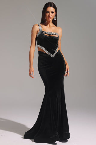 Yedda Tek Omuz Elmas İşlemeli Uzun Elbise