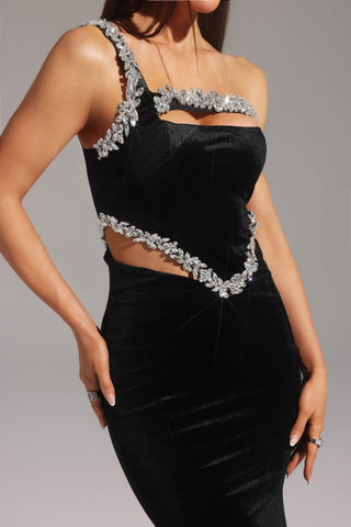 Yedda Tek Omuz Elmas İşlemeli Uzun Elbise