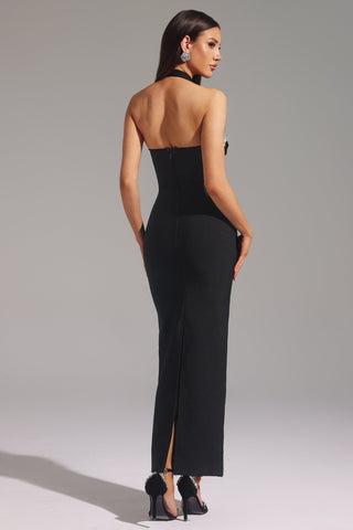 Esnek Halter Yaka Çiçek Desenli Maxi Elbise