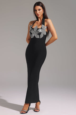 Esnek Halter Yaka Çiçek Desenli Maxi Elbise