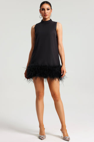 Tüy Detaylı Kolsuz Mini Elbise