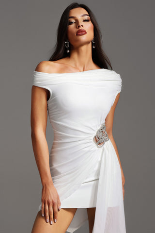 Selene Tek Omuzlu Taş Detaylı Çiçekli Mini Elbise