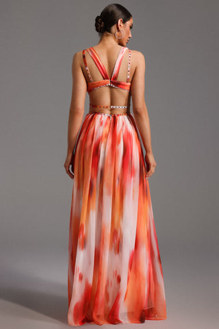 V Yaka Taş Detaylı Kolsuz Uzun Elbise