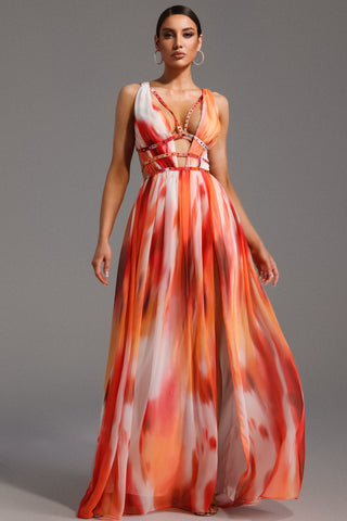 V Yaka Taş Detaylı Kolsuz Uzun Elbise