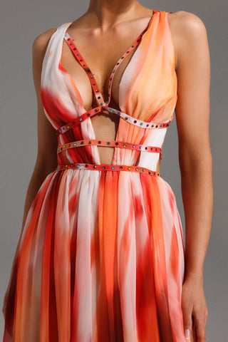 V Yaka Taş Detaylı Kolsuz Uzun Elbise