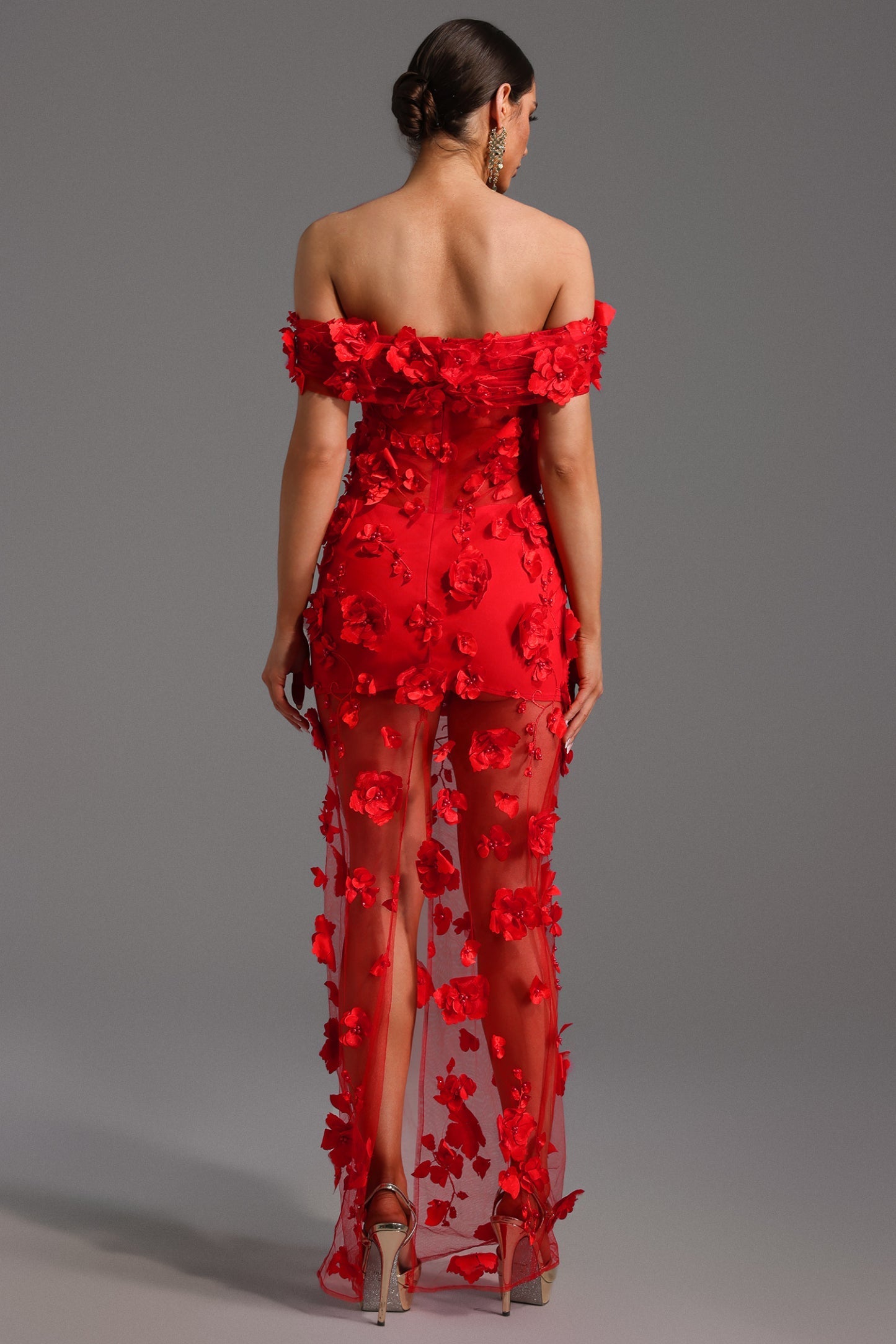 Makayah Çiçek ve İnci Detaylı Maksi Elbise