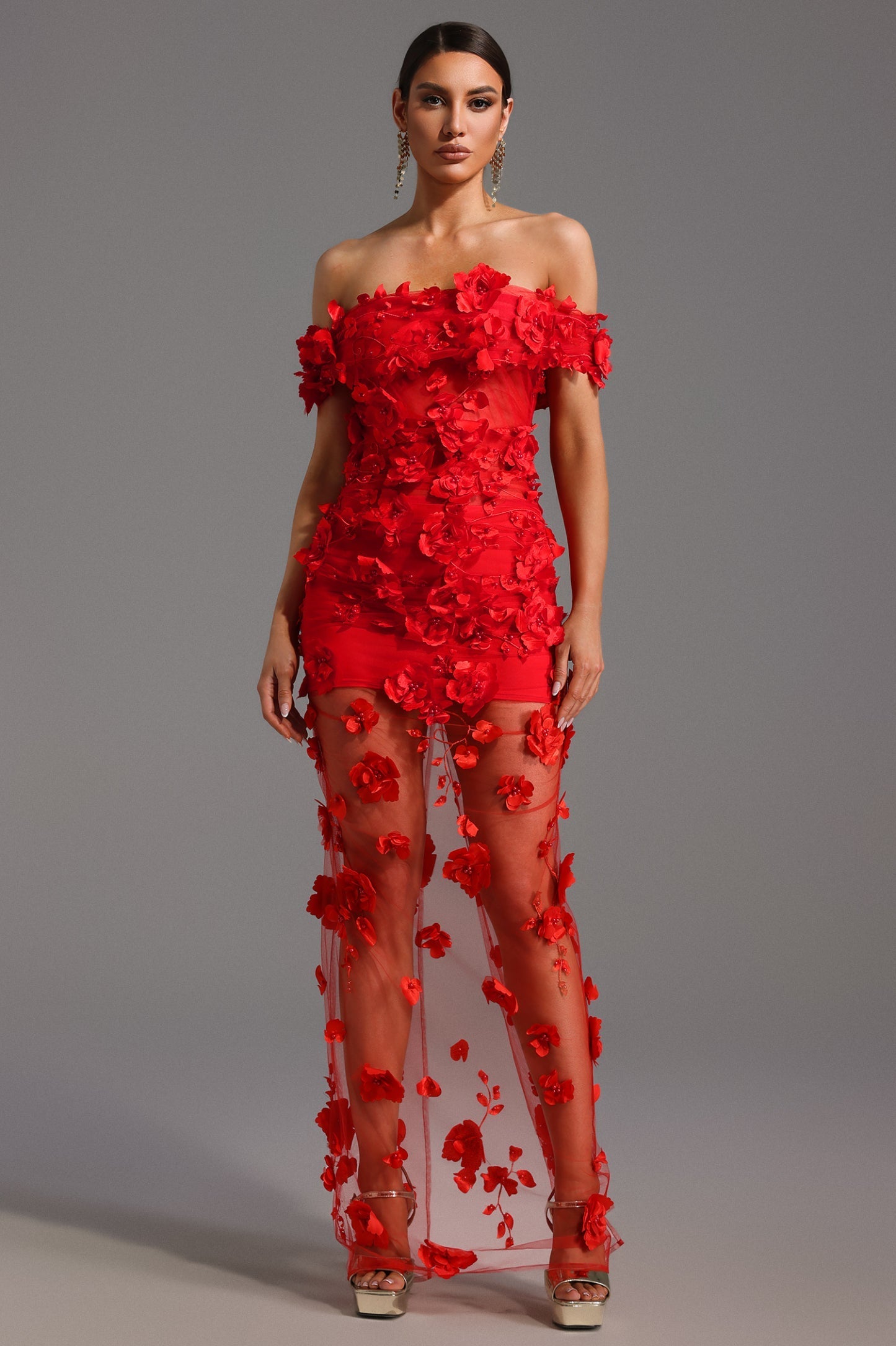 Makayah Çiçek ve İnci Detaylı Maksi Elbise