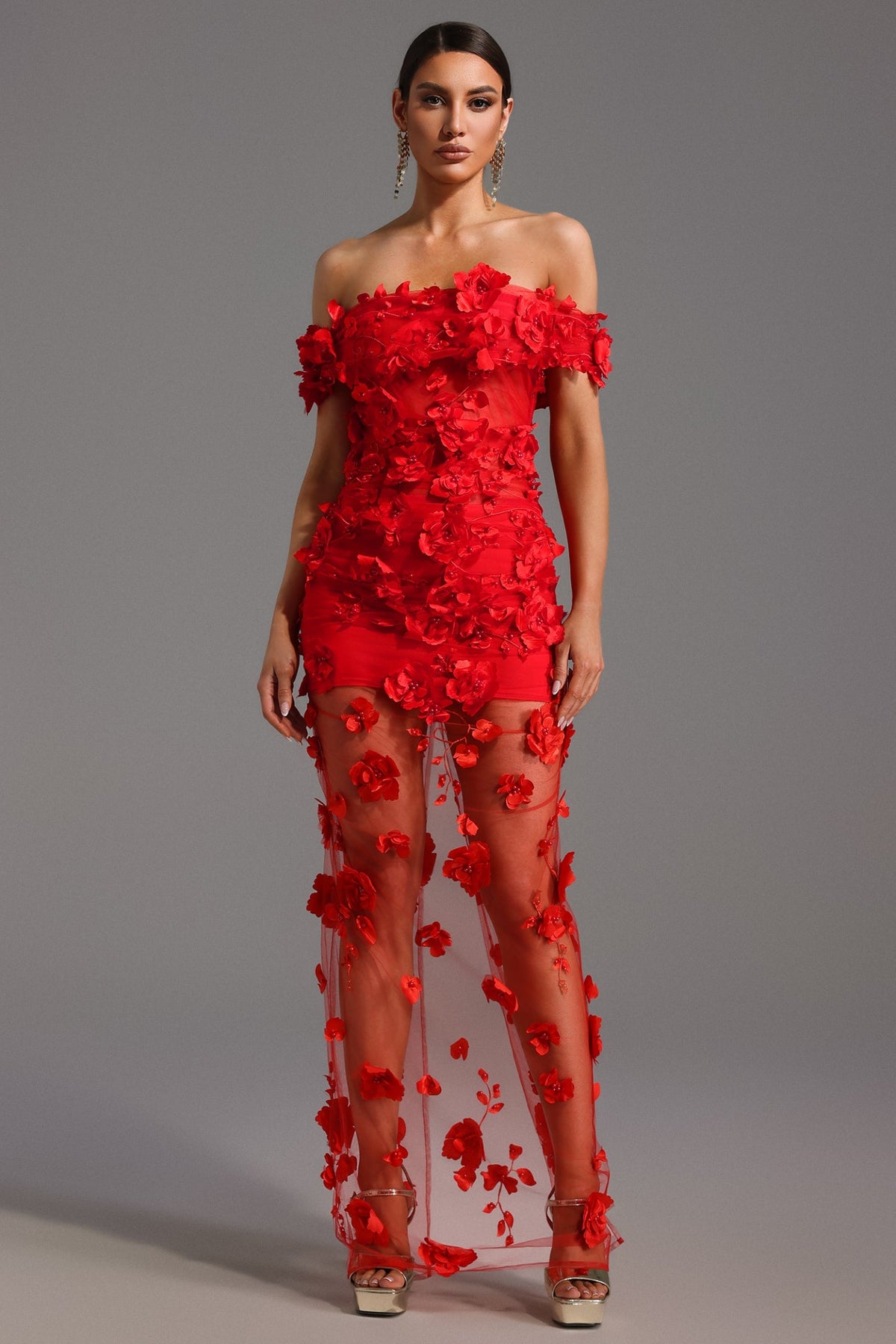 Makayah Çiçek ve İnci Detaylı Maksi Elbise