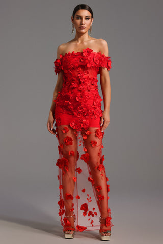 Makayah Çiçek ve İnci Detaylı Maksi Elbise