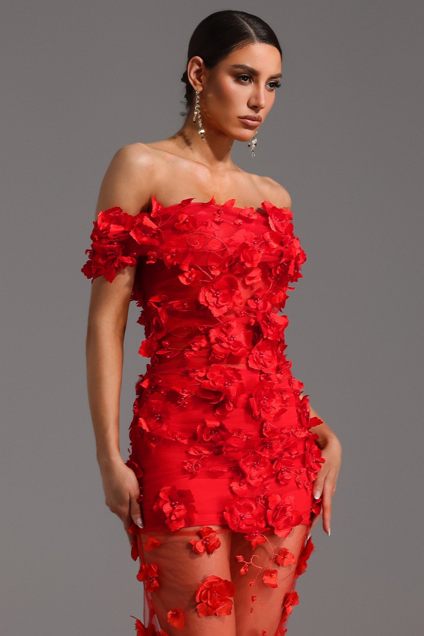 Makayah Çiçek ve İnci Detaylı Maksi Elbise