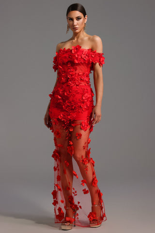 Makayah Çiçek ve İnci Detaylı Maksi Elbise