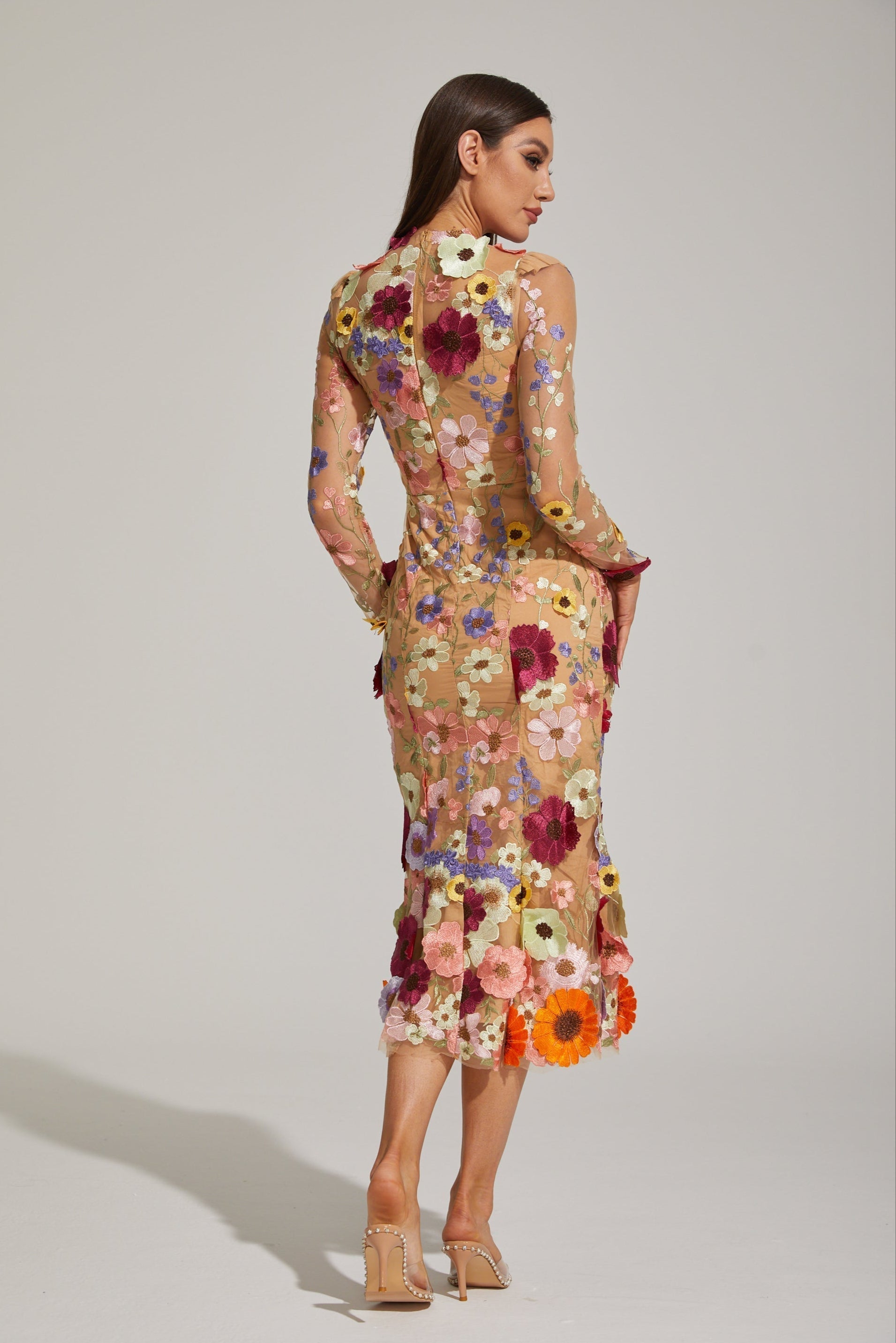 Lilas Enchanted Çiçekli File Midi Elbise