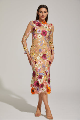 Lilas Enchanted Çiçekli File Midi Elbise