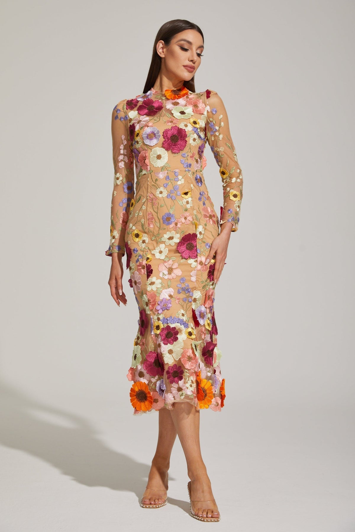 Lilas Enchanted Çiçekli File Midi Elbise