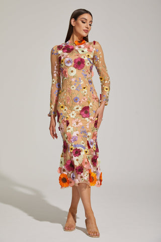 Lilas Enchanted Çiçekli File Midi Elbise