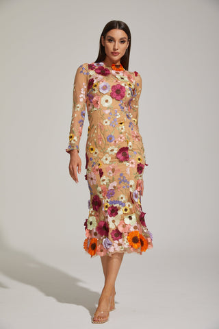 Lilas Enchanted Çiçekli File Midi Elbise