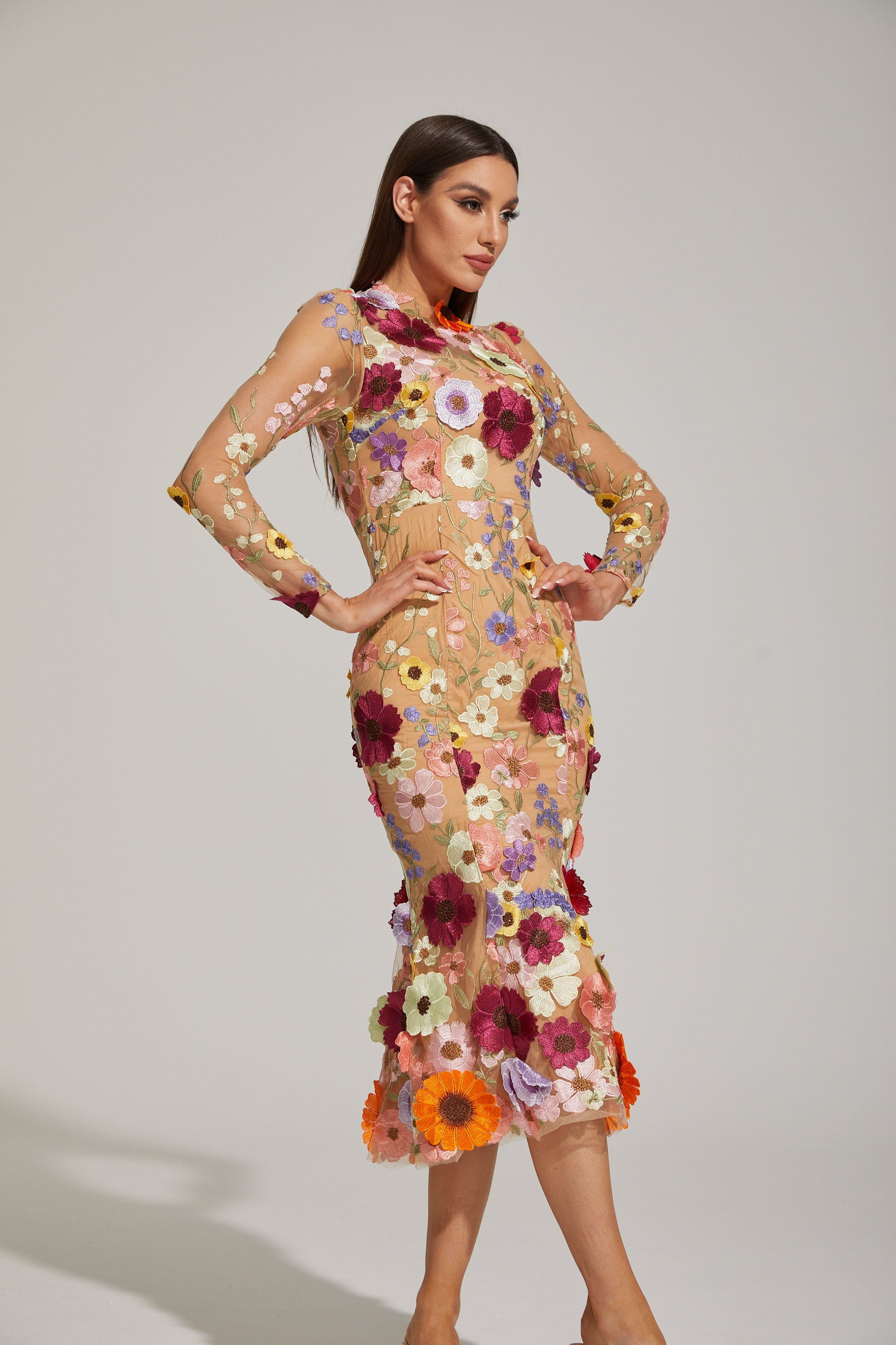 Lilas Enchanted Çiçekli File Midi Elbise