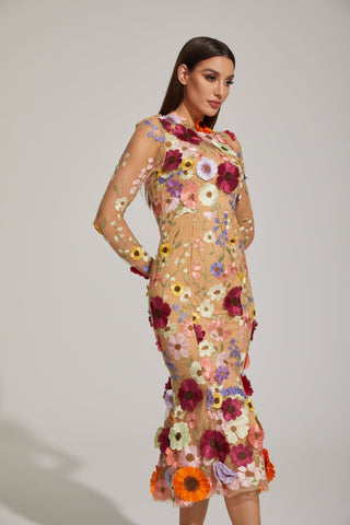 Lilas Enchanted Çiçekli File Midi Elbise