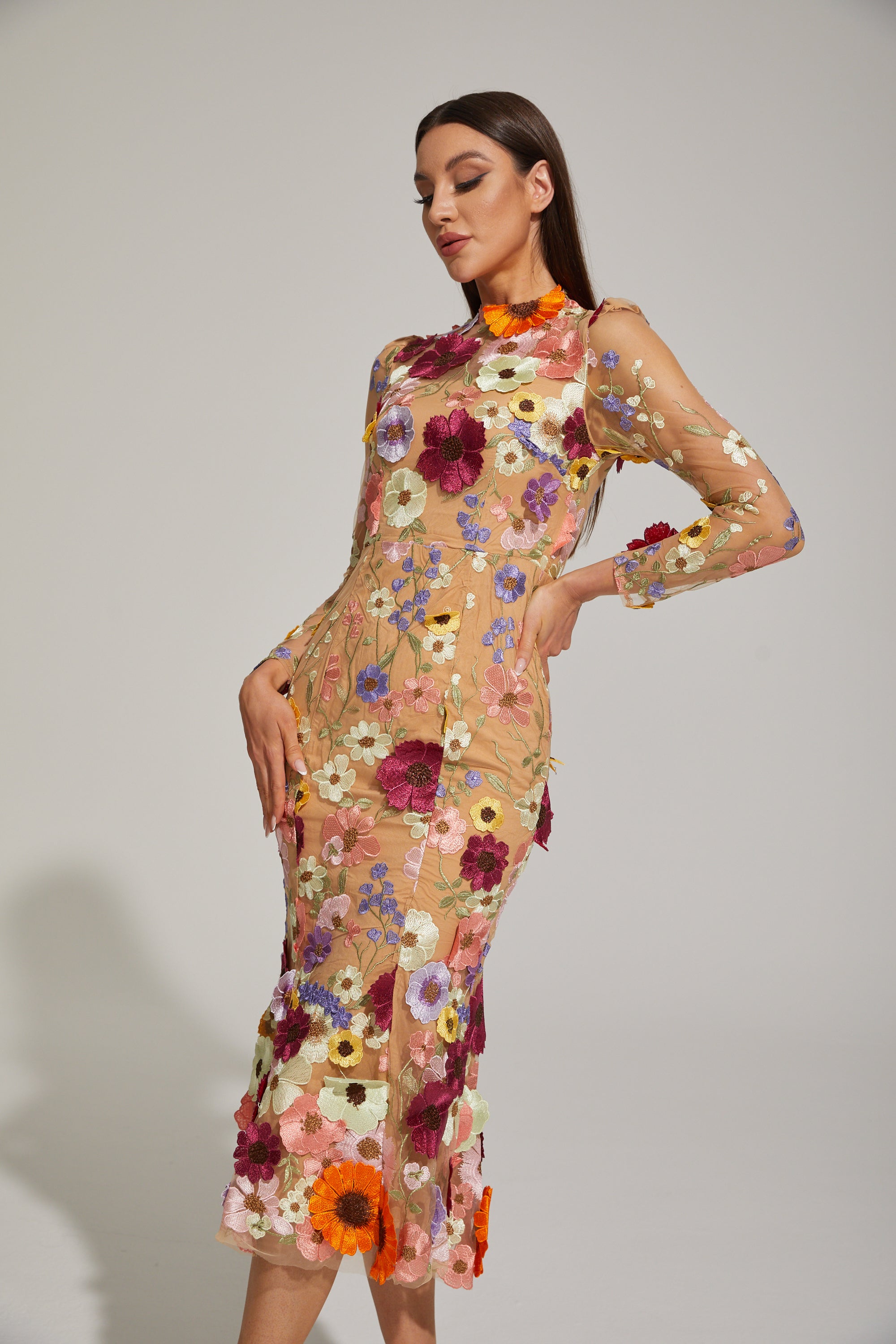 Lilas Enchanted Çiçekli File Midi Elbise