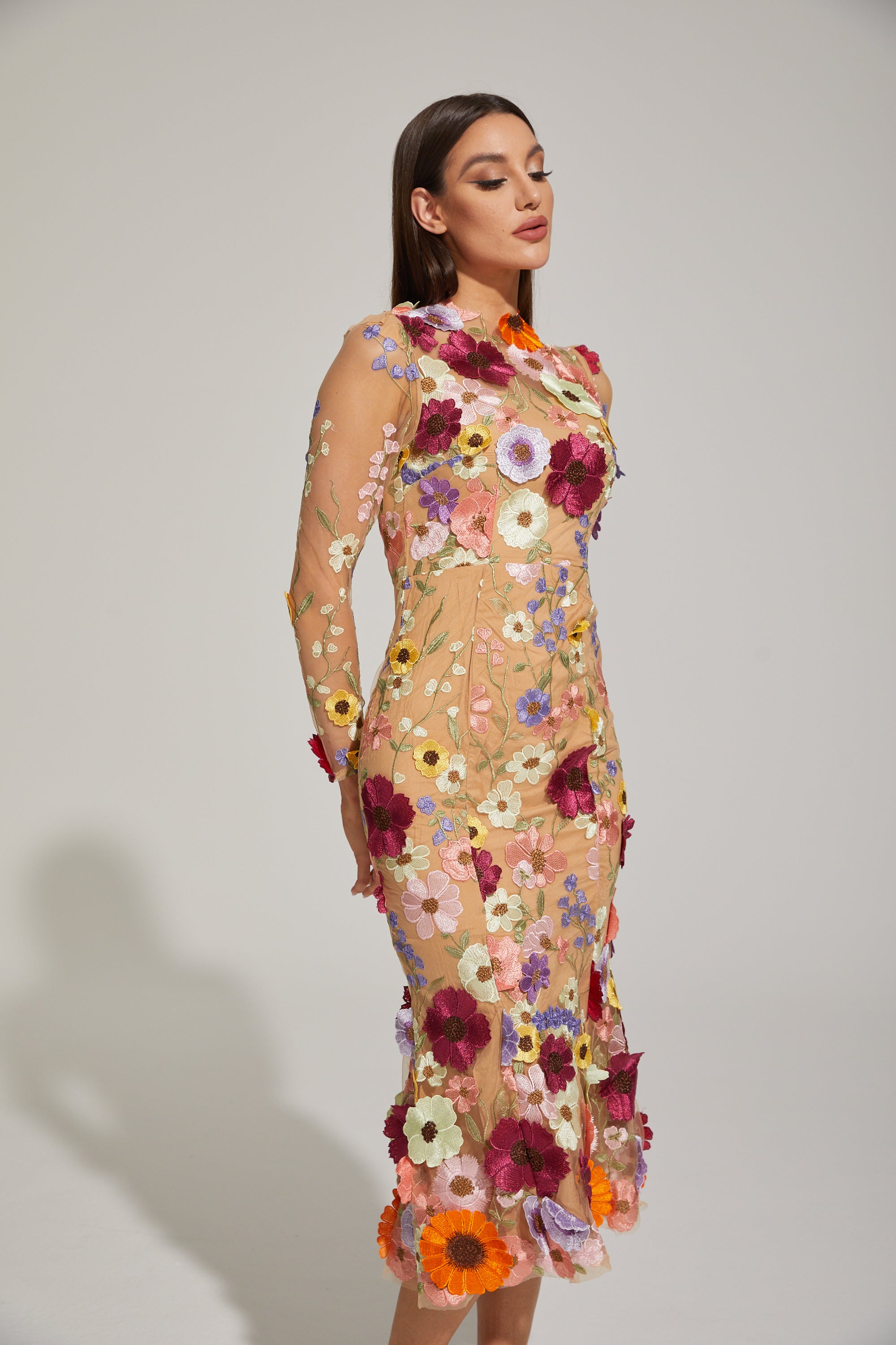 Lilas Enchanted Çiçekli File Midi Elbise