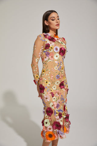 Lilas Enchanted Çiçekli File Midi Elbise