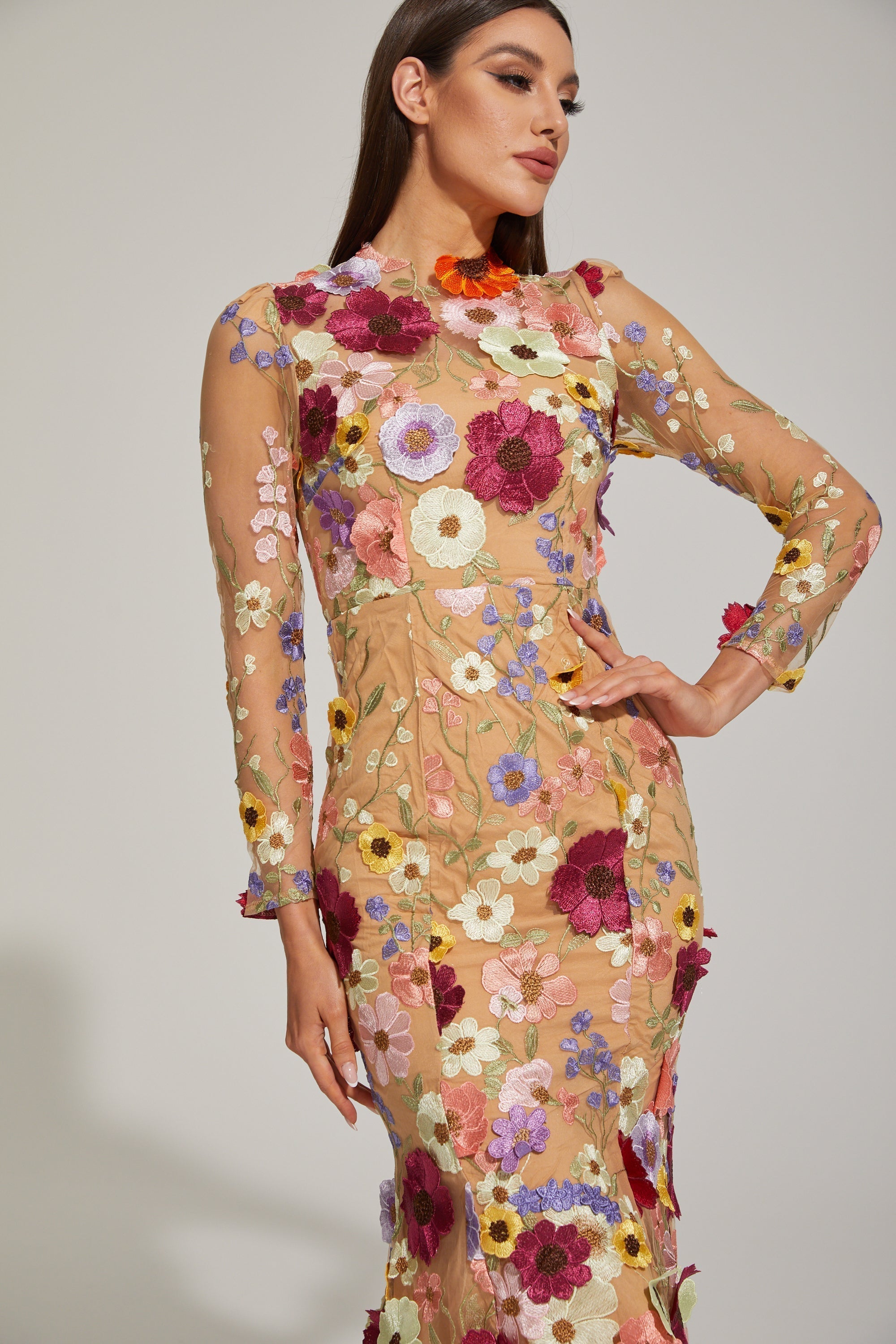 Lilas Enchanted Çiçekli File Midi Elbise