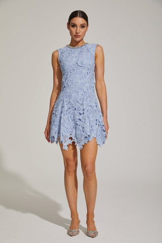 Ophélia Mavi Dantel Kolsuz Mini Elbise
