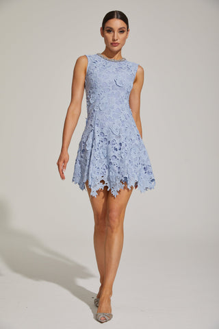 Ophélia Mavi Dantel Kolsuz Mini Elbise