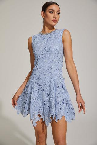 Ophélia Mavi Dantel Kolsuz Mini Elbise
