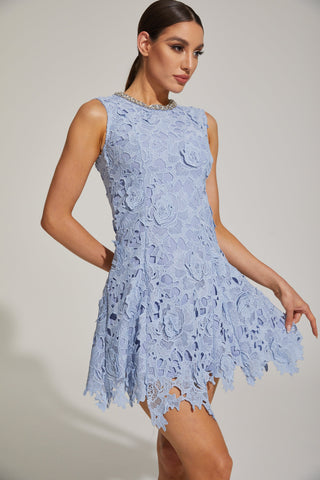Ophélia Mavi Dantel Kolsuz Mini Elbise