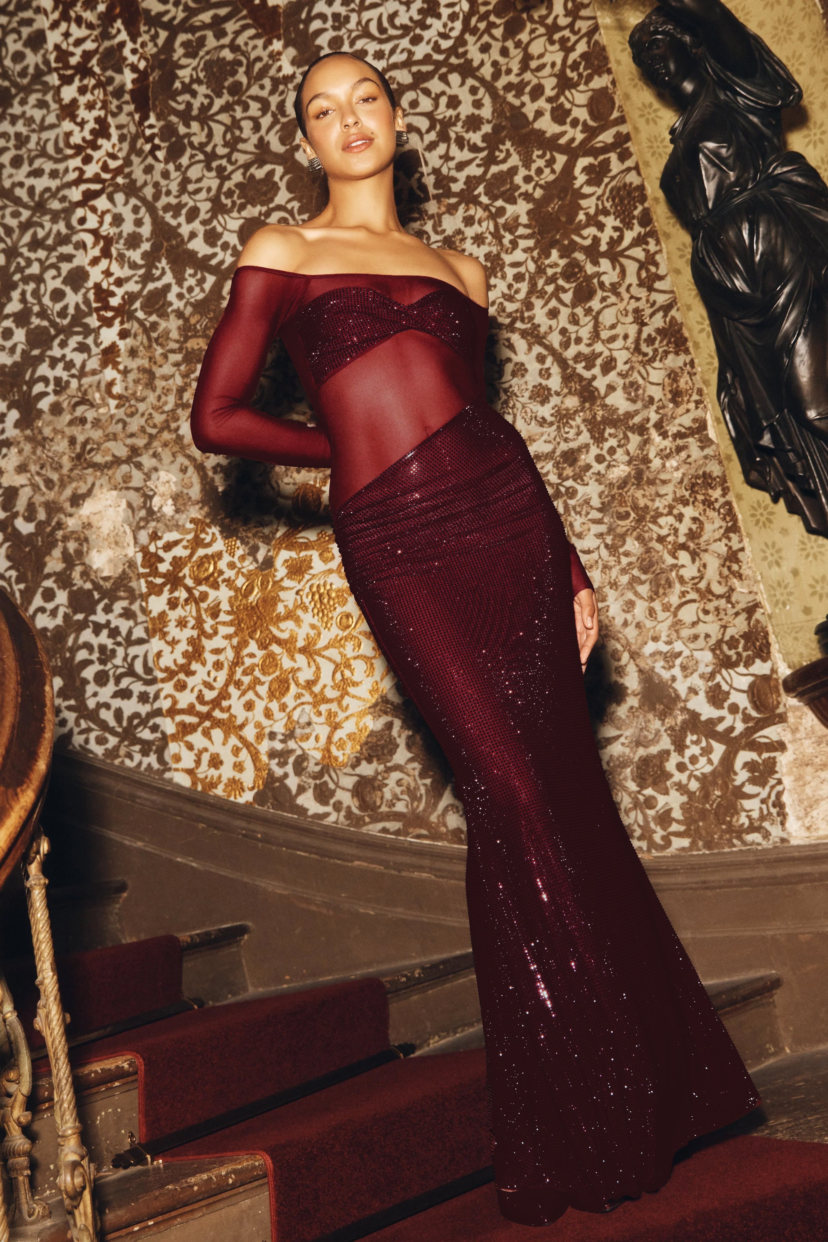 Nash Diamante Düşük Omuz Uzun Elbise - Maun