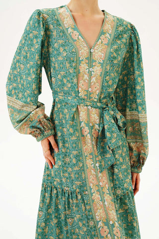 Volanlı V Yaka Çiçekli Uzun Elbise